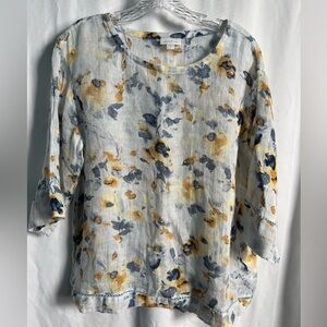 PURE J JILL Top 100% Linen Floral Gauze Blouse 3/4 Sleeve Blue SZ SM MED